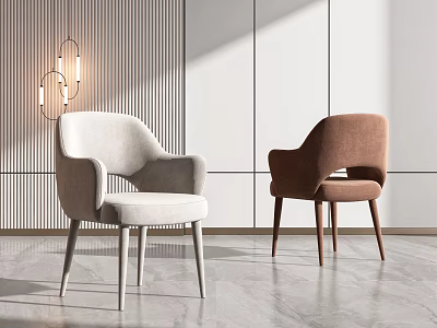 Light Gray and Brown Upholstered Leisure Chairs with Modern Vertical Stripe Wall and Pendant Light 3d model