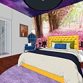 Hotel Guest Room With Starry Sky Ceiling Yellow Headboard Purple Rug And Pink Flower View