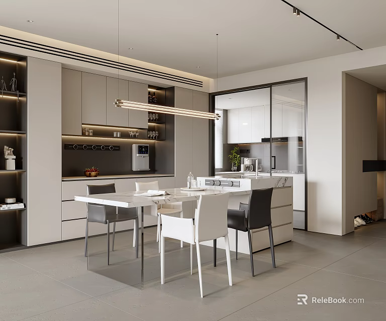 Modern Dining Area Interior Design With White Dining Table Chairs And Pendant Lighting 3d model