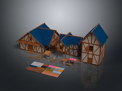 Multiple Medieval Wooden Houses With Blue Roofs Stone Walls And Material Samples 3d model