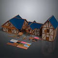 Multiple Medieval Wooden Houses With Blue Roofs Stone Walls And Material Samples