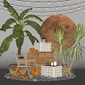 Cozy Indoor Landscape With Palm Trees Pumpkins Wooden Crates And Lantern Decor