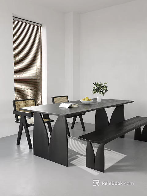Modern Dining Table Set With Chairs Bench Vase Green Plant And Fruit Plate 3d model 