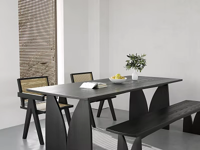 Modern Dining Table Set With Chairs Bench Vase Green Plant And Fruit Plate 3d model