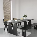 Modern Dining Table Set With Chairs Bench Vase Green Plant And Fruit Plate