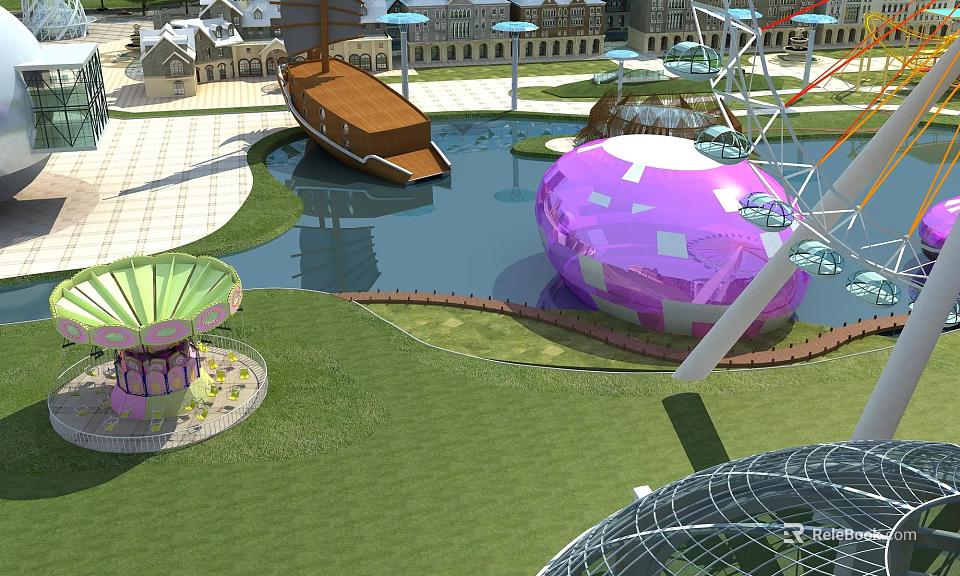 Amusement Park Featuring Purple Spherical Ride Ferris Wheel Pond And Green Lawn 3d model 