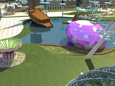 Amusement Park Featuring Purple Spherical Ride Ferris Wheel Pond And Green Lawn 3d model