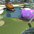 Amusement Park Featuring Purple Spherical Ride Ferris Wheel Pond And Green Lawn