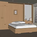 Modern Minimalist Bedroom Interior With Wooden Bed Wardrobe Window Blinds And Artwork