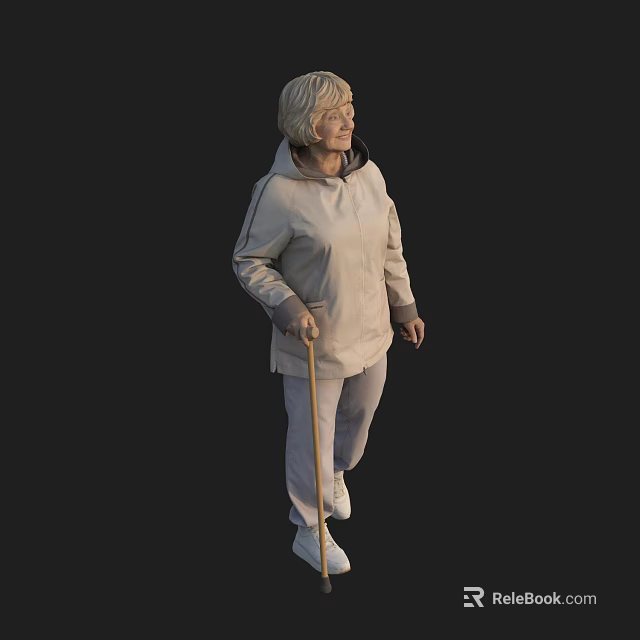 White Haired Senior Woman Wearing Light Hoodie And Pants Walking With Cane On Black Background 3d model 