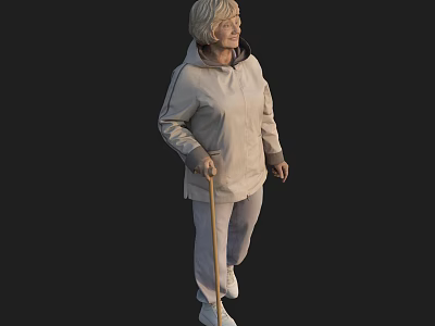 White Haired Senior Woman Wearing Light Hoodie And Pants Walking With Cane On Black Background 3d model
