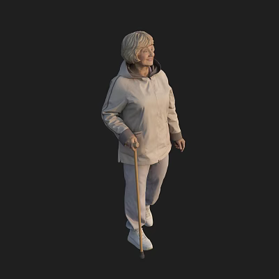White Haired Senior Woman Wearing Light Hoodie And Pants Walking With Cane On Black Background 3d model