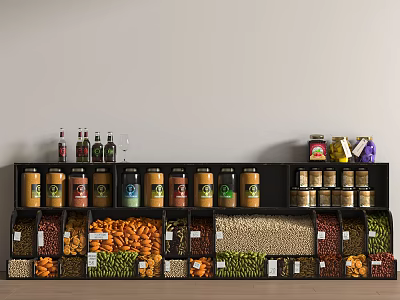 Pantry Shelf With Assorted Canned Bottled And Dry Food Products 3d model