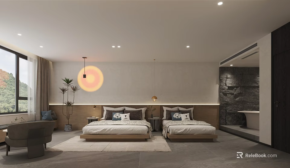 Hotel Room With Two Beds Sun Shaped Wall Decor Indoor Plants And Stone Wall Bathtub 3d model 