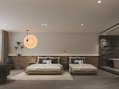 Hotel Room With Two Beds Sun Shaped Wall Decor Indoor Plants And Stone Wall Bathtub 3d model