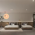 Hotel Room With Two Beds Sun Shaped Wall Decor Indoor Plants And Stone Wall Bathtub