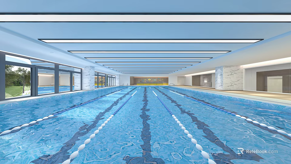 Indoor Swimming Pool With Clear Water Lane Lines And Modern Ceiling Design 3d model 