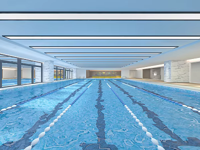 Indoor Swimming Pool With Clear Water Lane Lines And Modern Ceiling Design 3d model