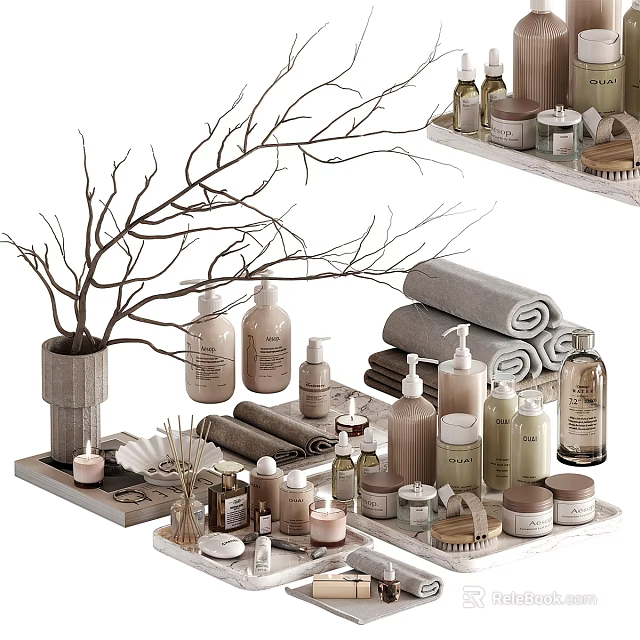 Modern Natural Decorative Ornament Set With Aromatherapy Bottles Towels Trays And Twig Decoration 3d model 
