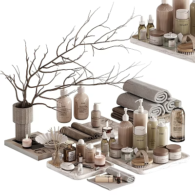 Modern Natural Decorative Ornament Set With Aromatherapy Bottles Towels Trays And Twig Decoration 3d model