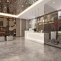 Elegant Modern Lobby Area With White Reception Desk Mirrored Ceiling Pendant Lights And Marble Flooring