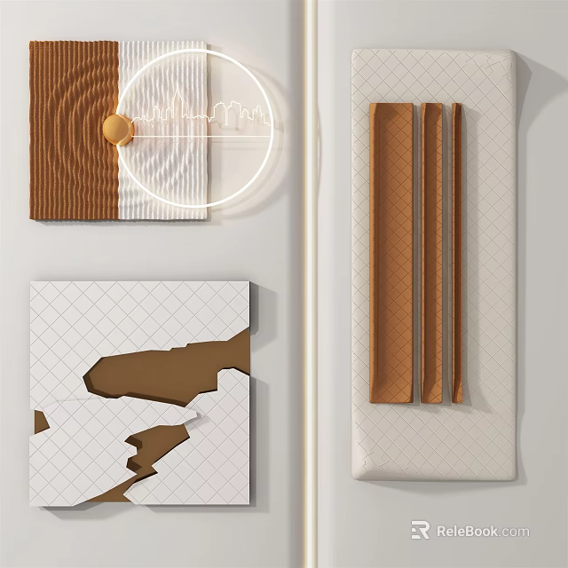 Modern Wall Decorations With Brown And White Geometric Patterns And Wooden Panels 3d model 