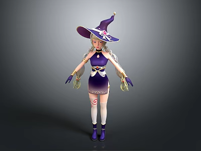 3D Witch Character Model With Purple Outfit Wizard Hat And Blonde Hair 3d model