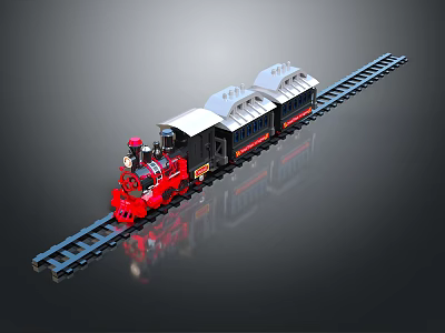Red Steam Train with Black Carriages and White Roof on Rail Tracks 3d model