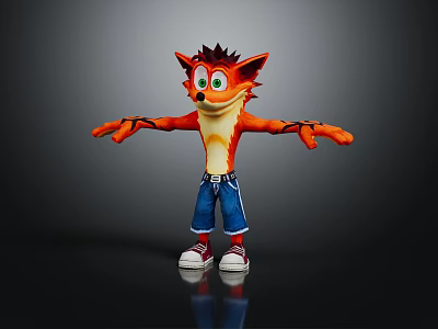 Cartoon Fox Character With Orange Fur Green Eyes Blue Shorts And Red Sneakers Arms Outstretched 3d model