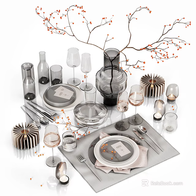 Elegant Dinnerware Set With Plates Glasses Wine Cups Cutlery And Decorative Branches 3d model 