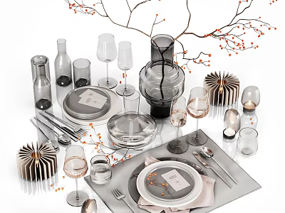 Elegant Dinnerware Set With Plates Glasses Wine Cups Cutlery And Decorative Branches 3d model