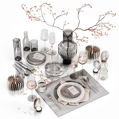 Elegant Dinnerware Set With Plates Glasses Wine Cups Cutlery And Decorative Branches 3d model