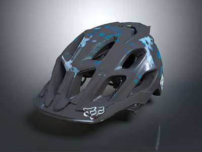 Fox Gray Mountain Bike Helmet With Blue And White Graphics And Ventilation Holes 3d model