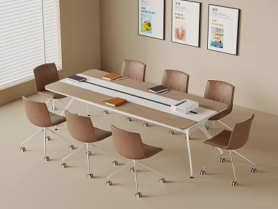 Modern Office Meeting Space With Long Table Rolling Chairs And Wall Posters 3d model
