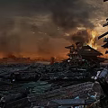 Ancient Scene Of Collapsed Buildings With Burning Structures And Smoke Filled Sky
