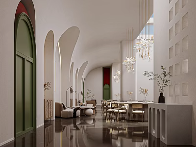 Elegant Hotel Public Lounge Interior With Arched Designs Chandeliers Green Doors And Plants 3d model
