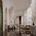 Elegant Hotel Public Lounge Interior With Arched Designs Chandeliers Green Doors And Plants