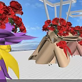 Artistic Floral Installation With Colorful Wrapped Red Flower Bouquets Against Blue Sky