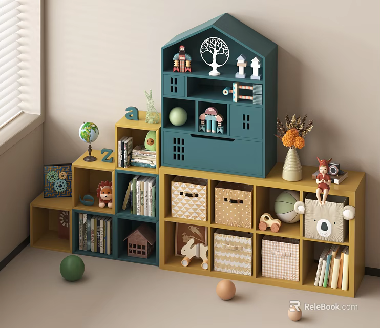 Blue House Shaped Storage Shelves With Yellow Multi Tier For Kids Room Books Toys Baskets 3d model 