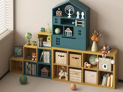 Blue House Shaped Storage Shelves With Yellow Multi Tier For Kids Room Books Toys Baskets 3d model
