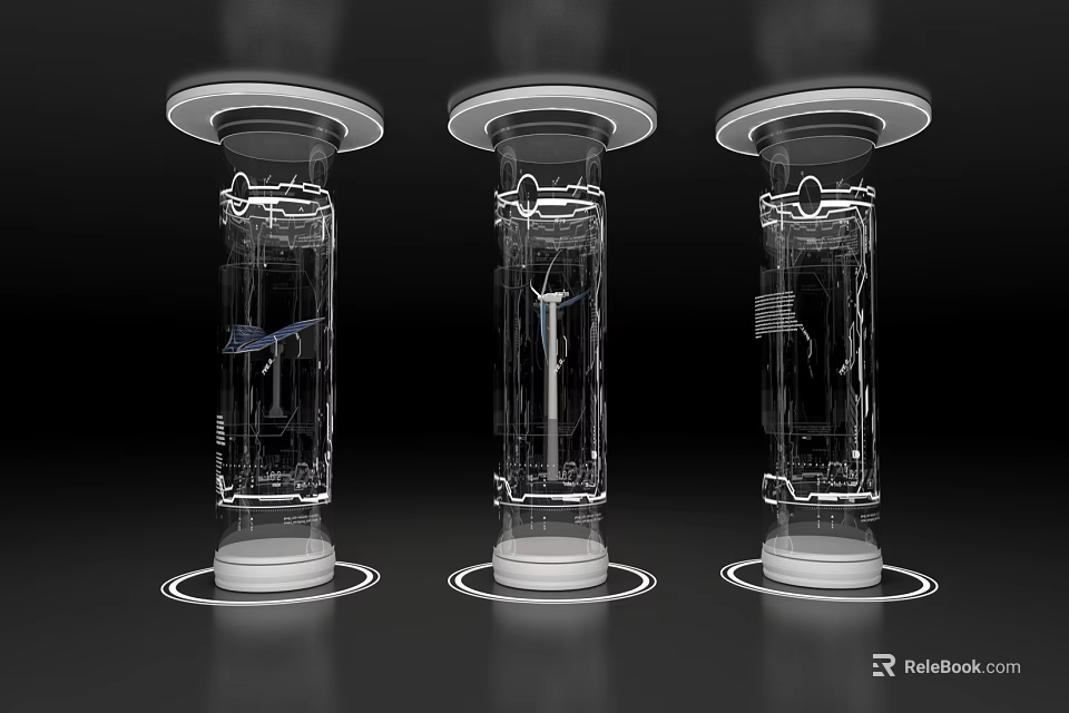 Three Transparent Cylindrical Containers With Internal Structure Lines And Circular Bases 3d model 