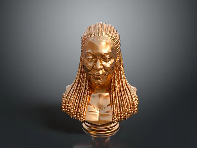 Golden Human Bust Sculpture With Shiny Braided Hair And Smooth Base Against Dark Background 3d model