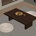 Modern Wooden Tea Table And Woven Stools Interior With Golden Tray And Area Rug