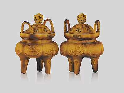 Two Elegant Traditional Golden Tripod Censers with Lion Head Lids and Intricate Decorative Patterns 3d model