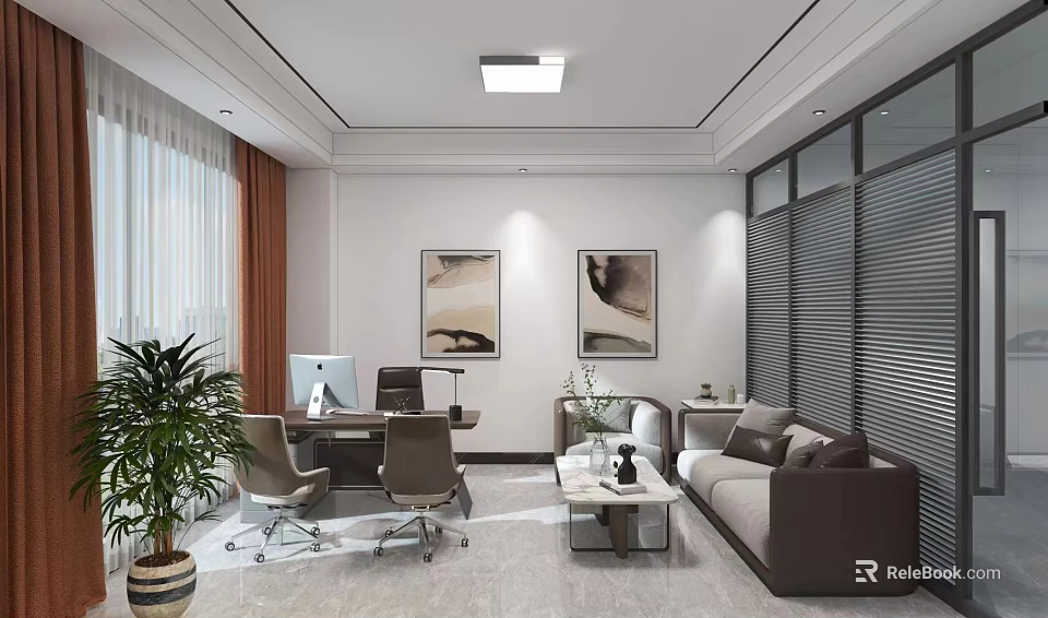 Modern Office Interior With Workstation Sofa Coffee Table Plants Artwork And Windows 3d model