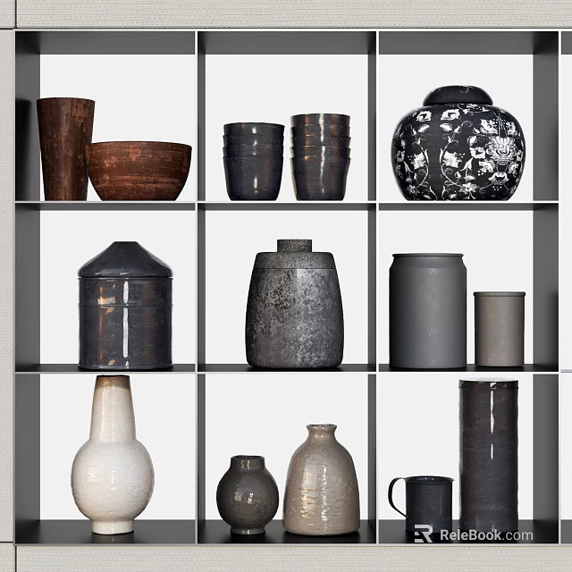 Stylish Ceramic Vessels Including Vases Bowls And Jars Arranged On Wooden Shelves For Home Decor 3d model 