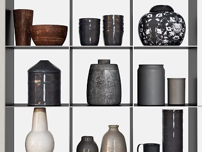 Stylish Ceramic Vessels Including Vases Bowls And Jars Arranged On Wooden Shelves For Home Decor 3d model
