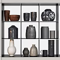 Stylish Ceramic Vessels Including Vases Bowls And Jars Arranged On Wooden Shelves For Home Decor