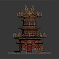 Cartoon Chinese Traditional Tower With Golden Decorations And Red Doors On Gray Stone Base