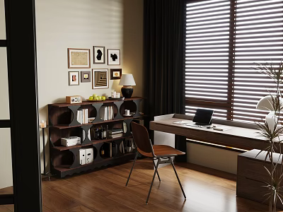 Modern Study Room Interior With Wooden Bookshelf Desk Laptop And Wall Art Blinds 3d model